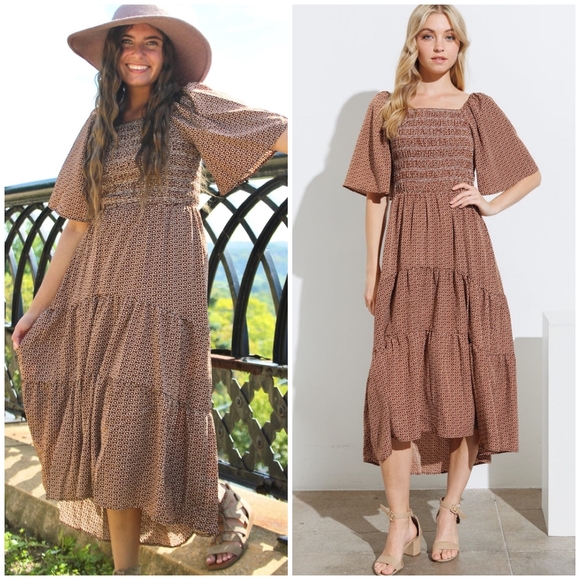 FEW LEFT ! POLAGRAM Chic Rusted Brown Short Bell Sleeves Maxi Dress - Picture 3 of 6